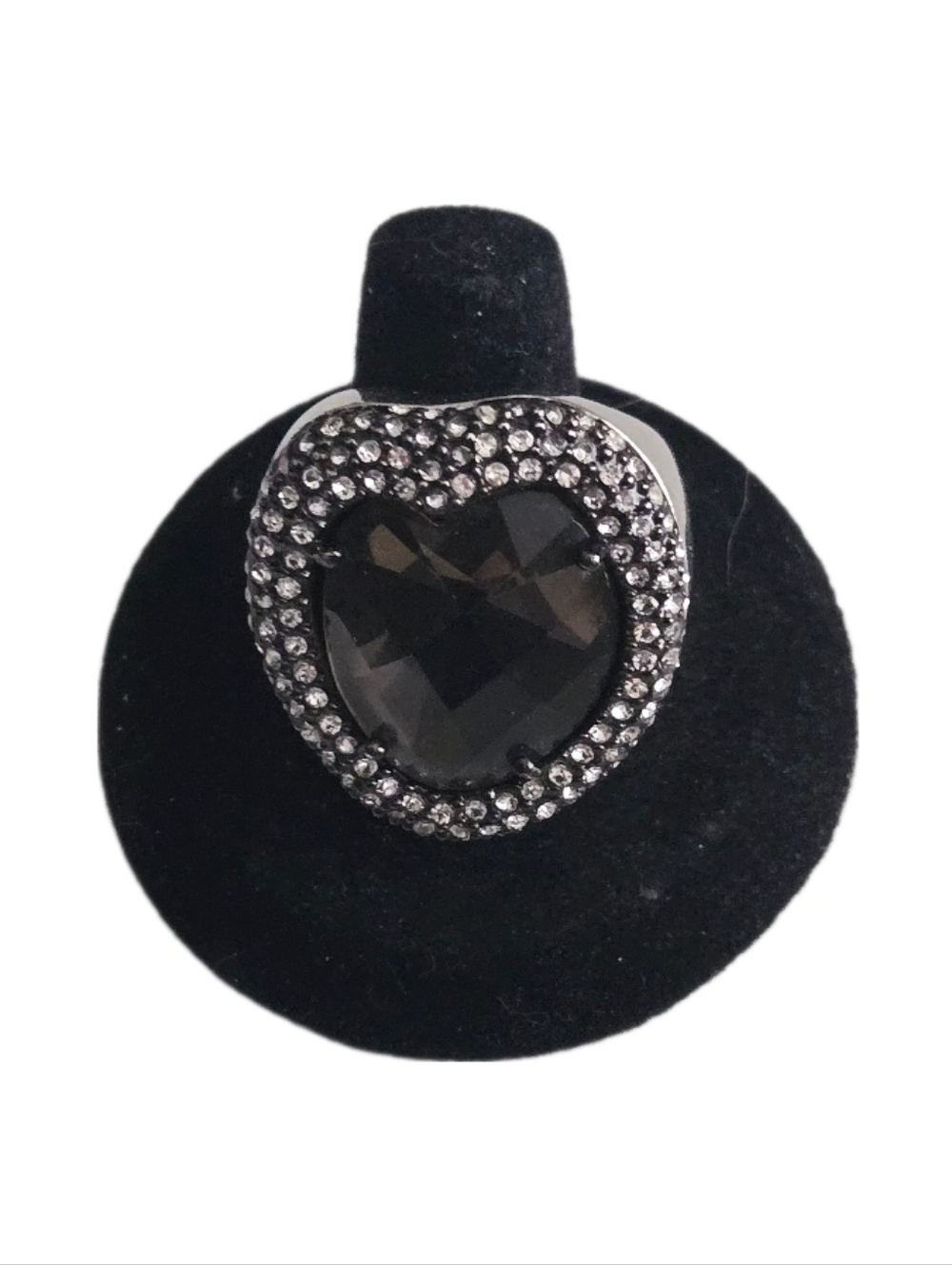 Black Crystal Heart Halo Statement Cocktail Ring Silver Tone Size 9